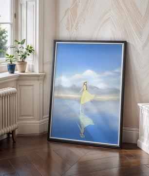 Woman in yellow dress standing on reflective water against clear sky