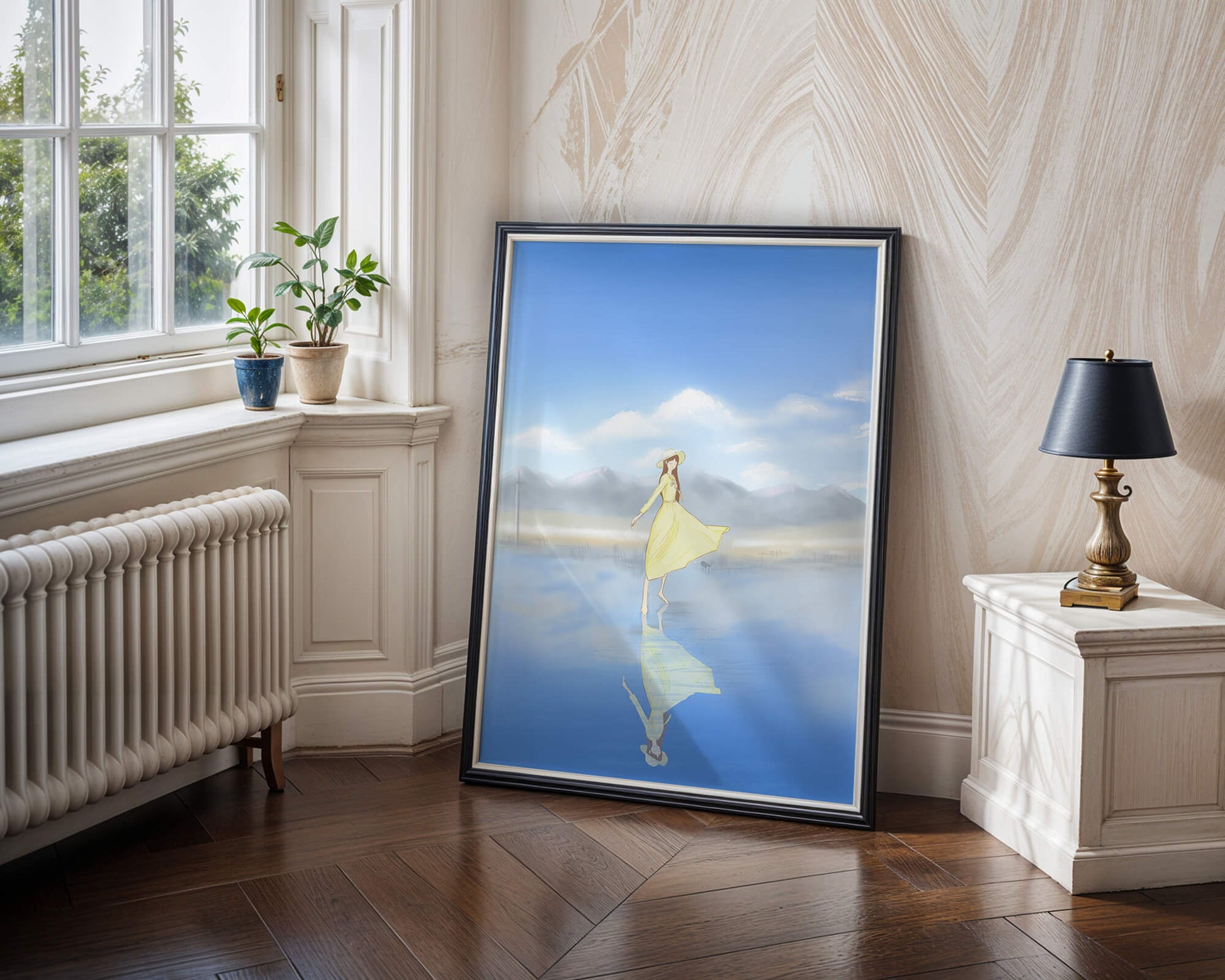 Woman in yellow dress standing on reflective water against clear sky