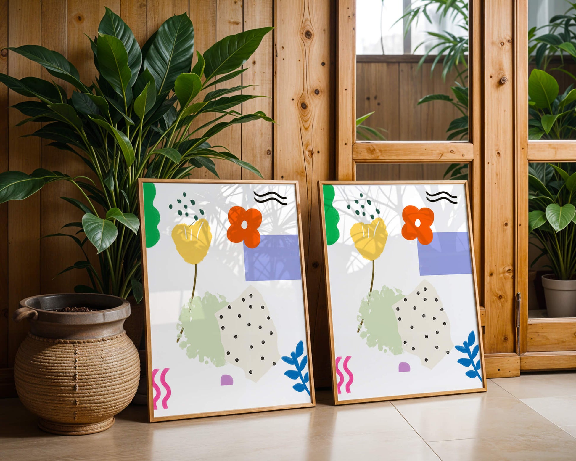 Abstract floral design with colorful geometric shapes