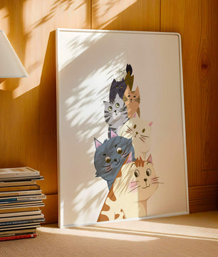 Stack of adorable cartoon cats with diverse patterns and colors