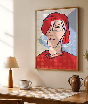 Abstract portrait with red hair and dotted background