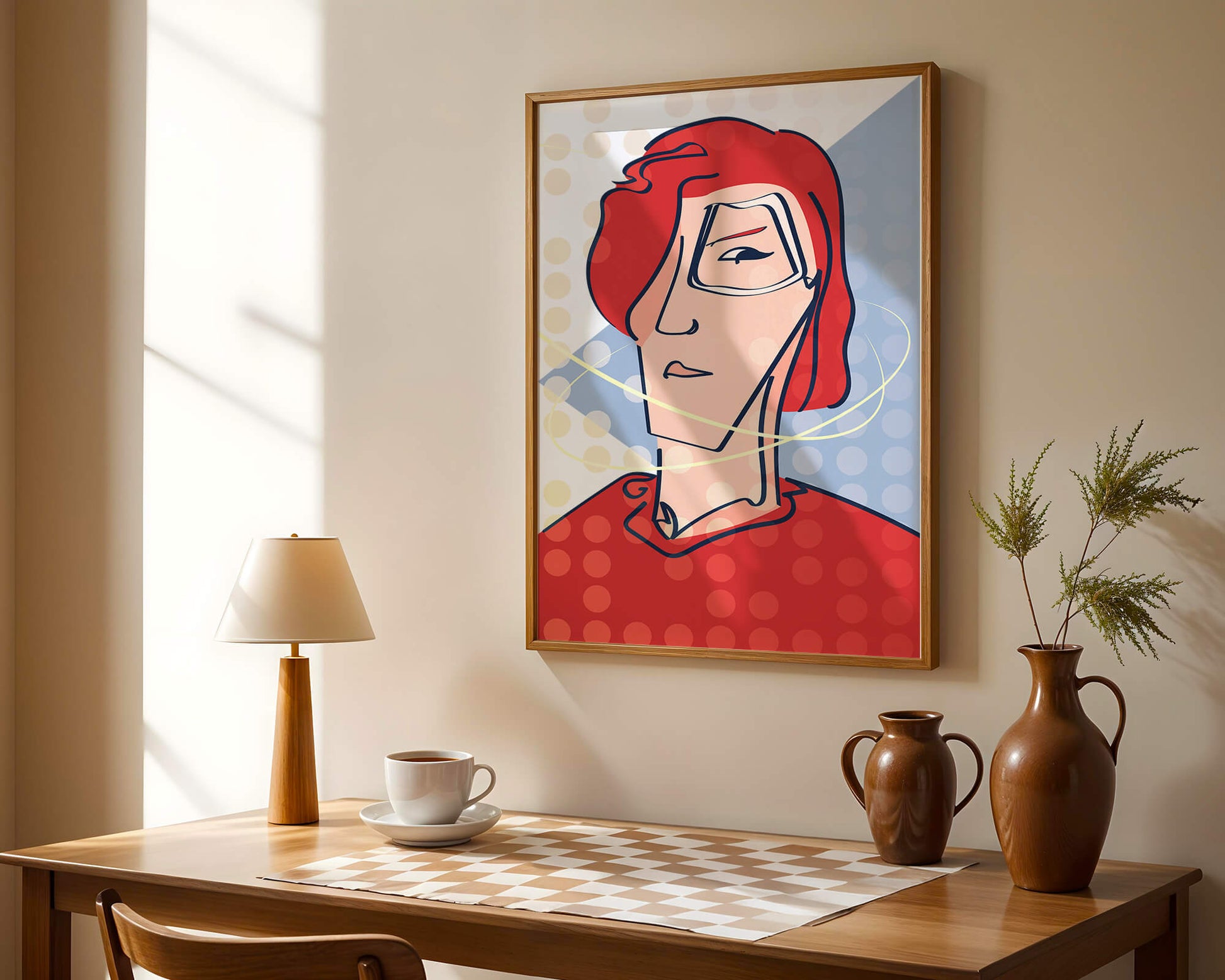 Retrato abstracto con cabello rojo y fondo punteado