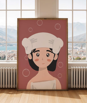 Illustration of a person in a towel with bubbles on a pink background