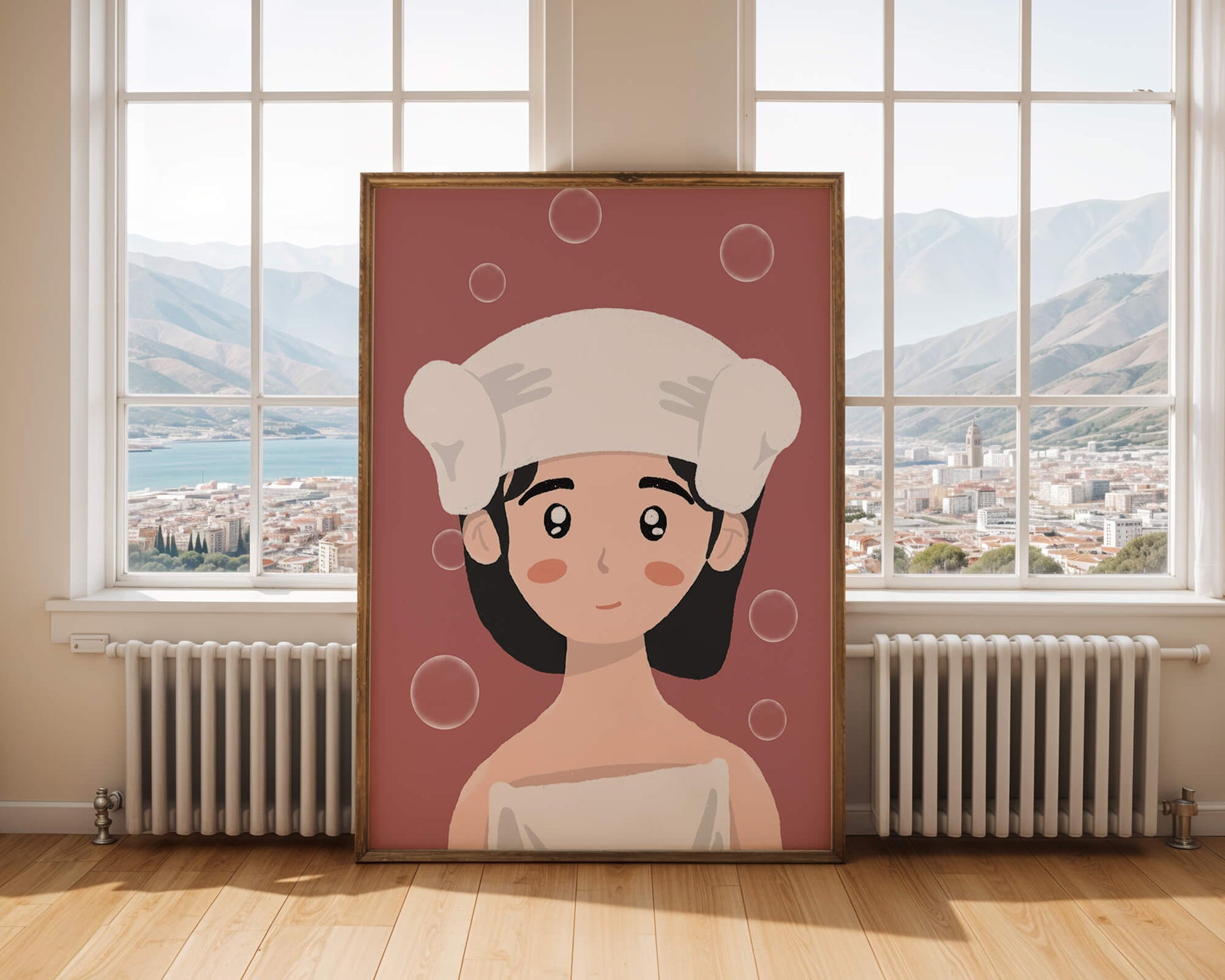 Ilustración de una persona en una toalla con burbujas sobre un fondo rosa