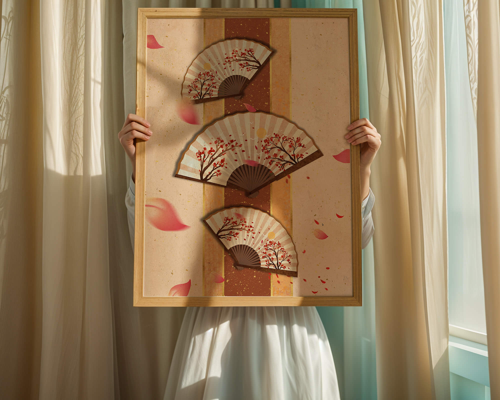 Elegant Japanese Fans with Cherry Blossom Design on Textured Background - Mi tienda