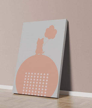 Katzensilhouette mit Ballon auf minimalistischem Kreishintergrund