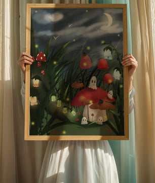 Enchanted night scene with glowing mushrooms and moonlit sky