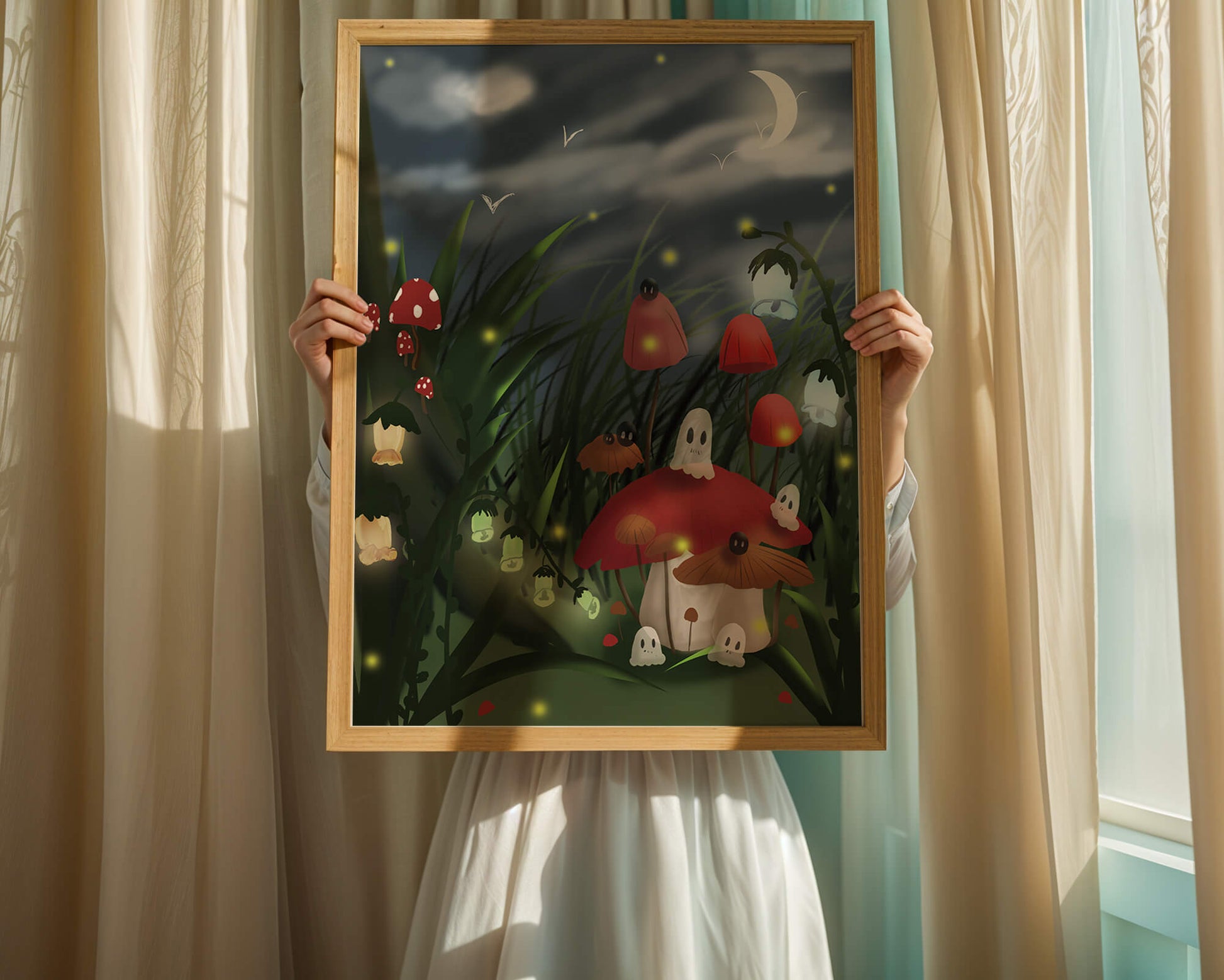 Enchanted night scene with glowing mushrooms and moonlit sky