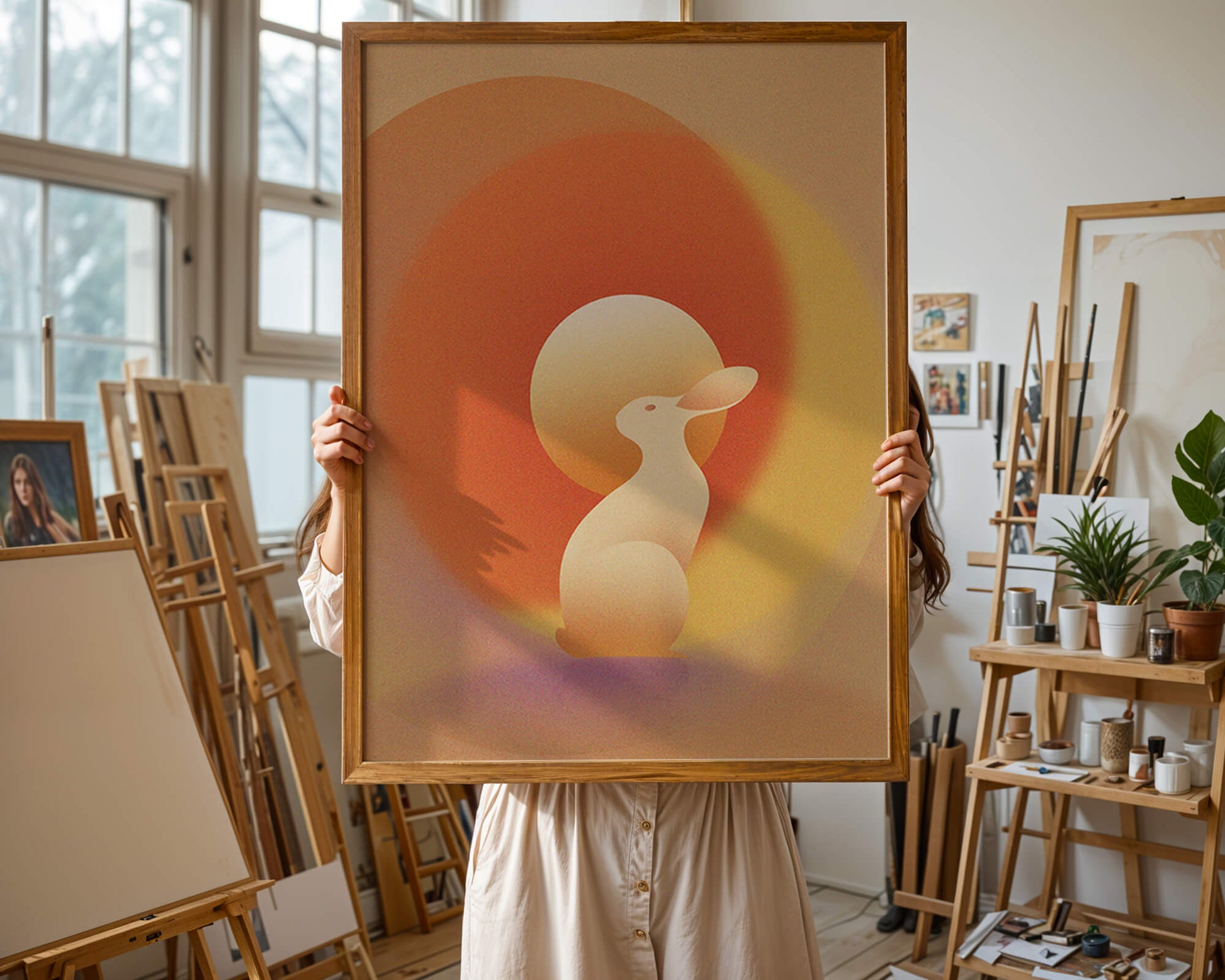 Majestic White Rabbit with Sun and Abstract Circles