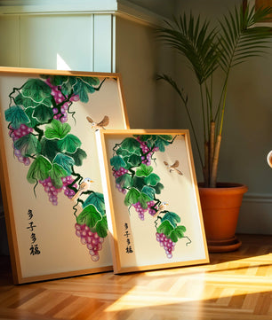 Watercolor grapevine and birds illustration with traditional art style