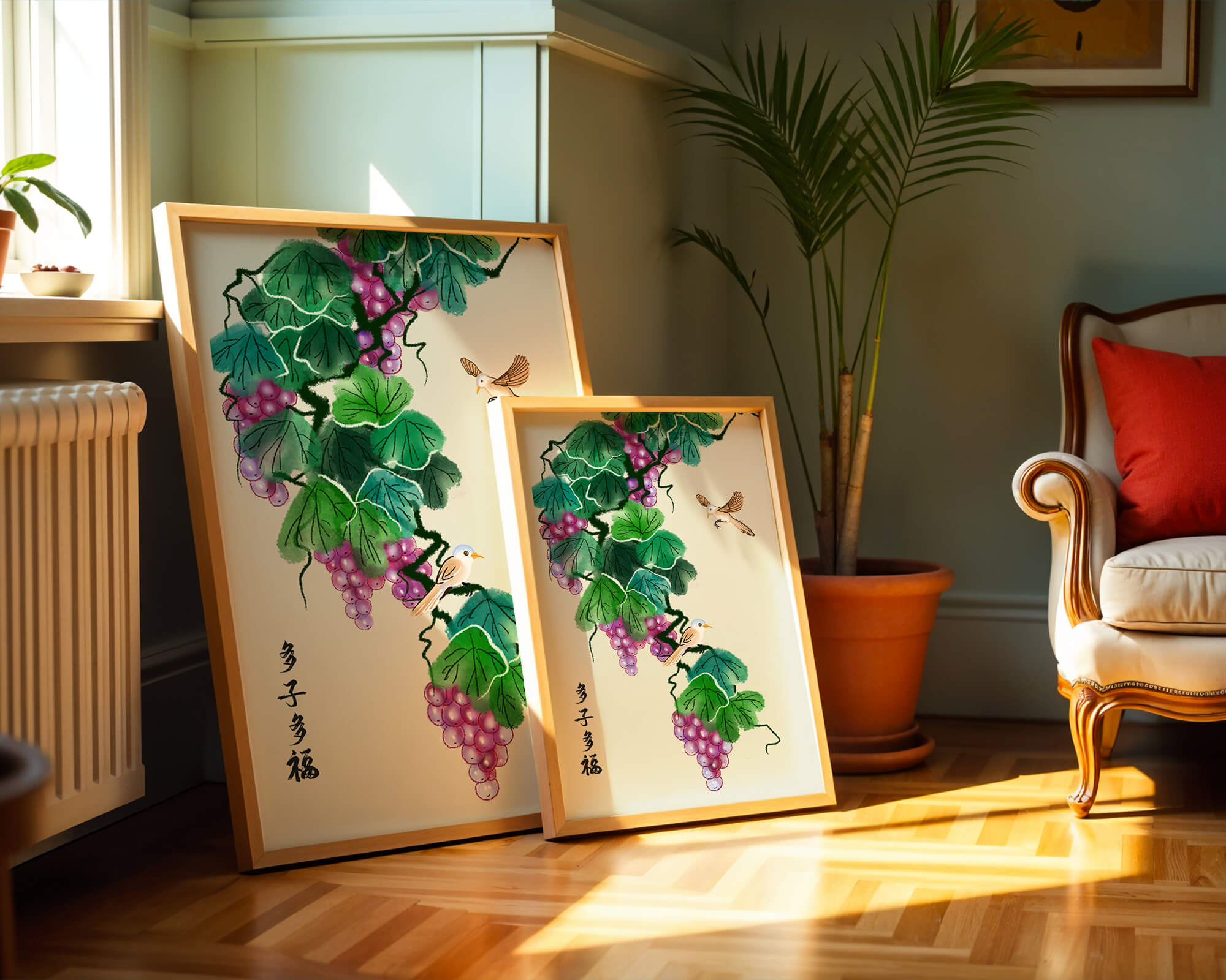 Watercolor grapevine and birds illustration with traditional art style