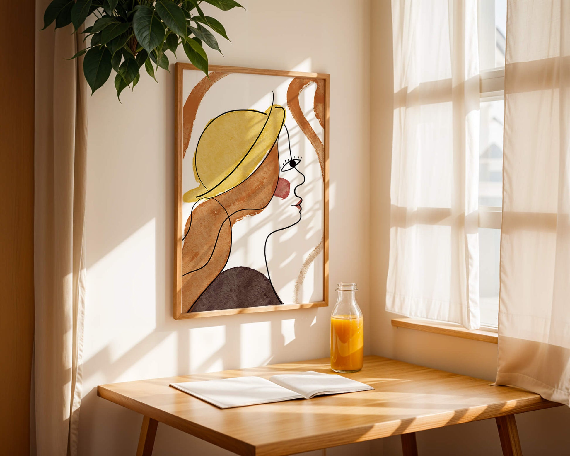 Retrato de línea moderna de una mujer con sombrero y colores vibrantes