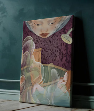 Escena de baño tranquila con elementos etéreos y papel tapiz ornamentado