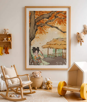 Escena de otoño con ilustración en estilo asiático tradicional