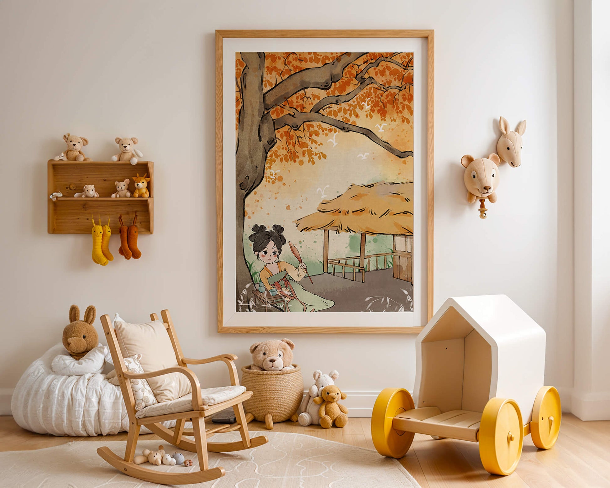 Escena de otoño con ilustración en estilo asiático tradicional