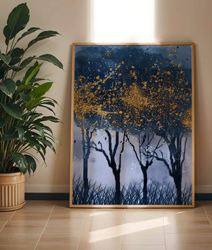 Mystical forest landscape with gold splatter art