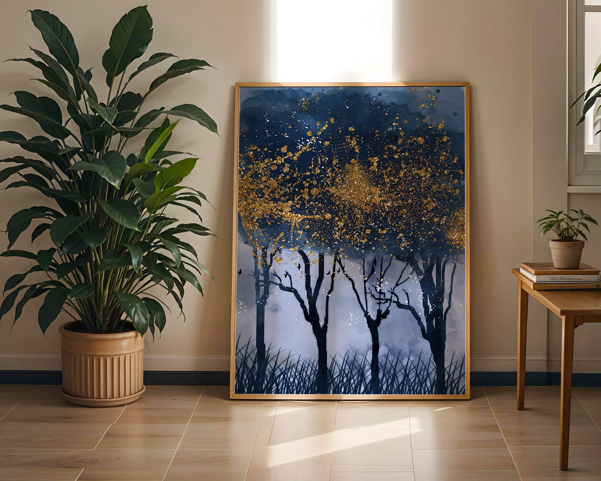 Mystical forest landscape with gold splatter art