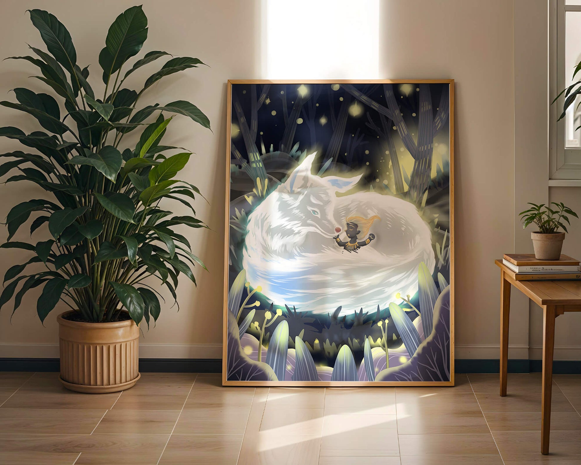 Whimsical forest scene with a sleeping wolf and a mysterious figure at night