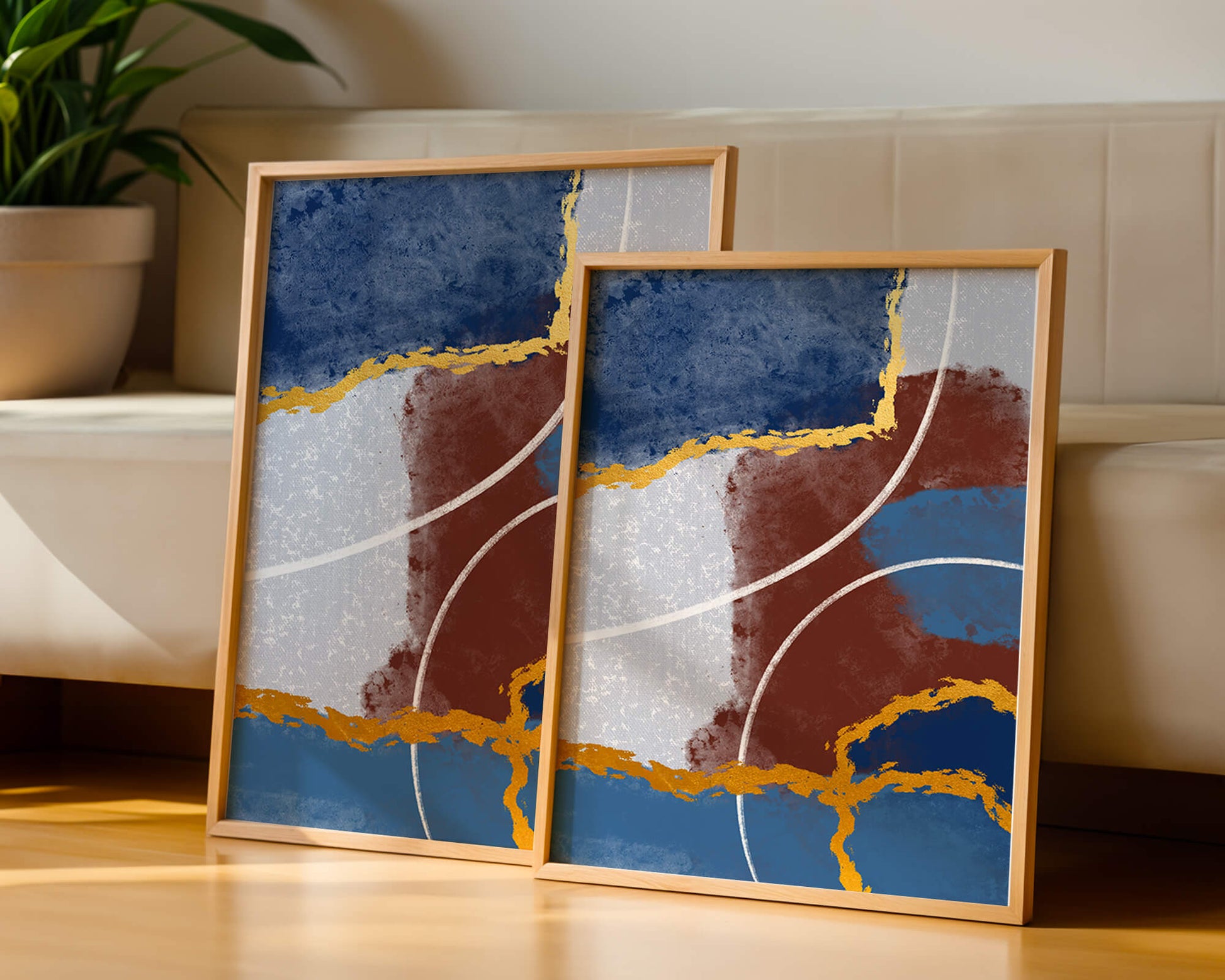 Abstract painting with gold accents and geometric elements