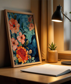 Vibrant floral watercolor design with orange blossoms and blue background
