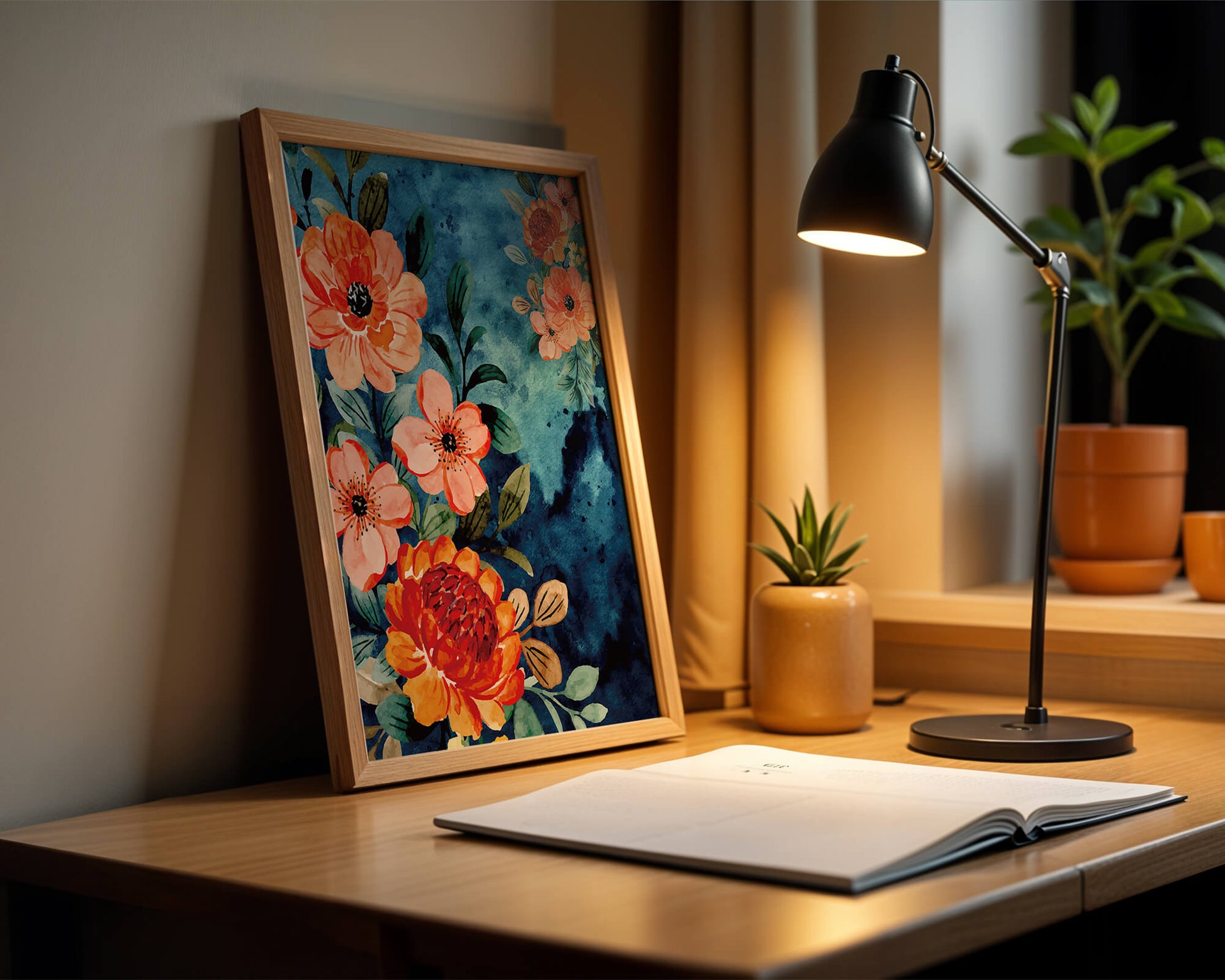 Vibrant floral watercolor design with orange blossoms and blue background