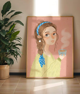 Illustration d'une fille avec un bandeau tenant une tasse fumante