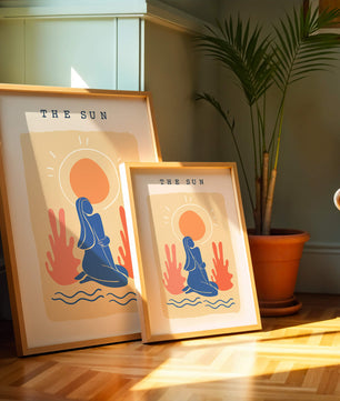 Modern abstract art poster featuring the sun and a serene figure in blue and coral tones - Mi tienda