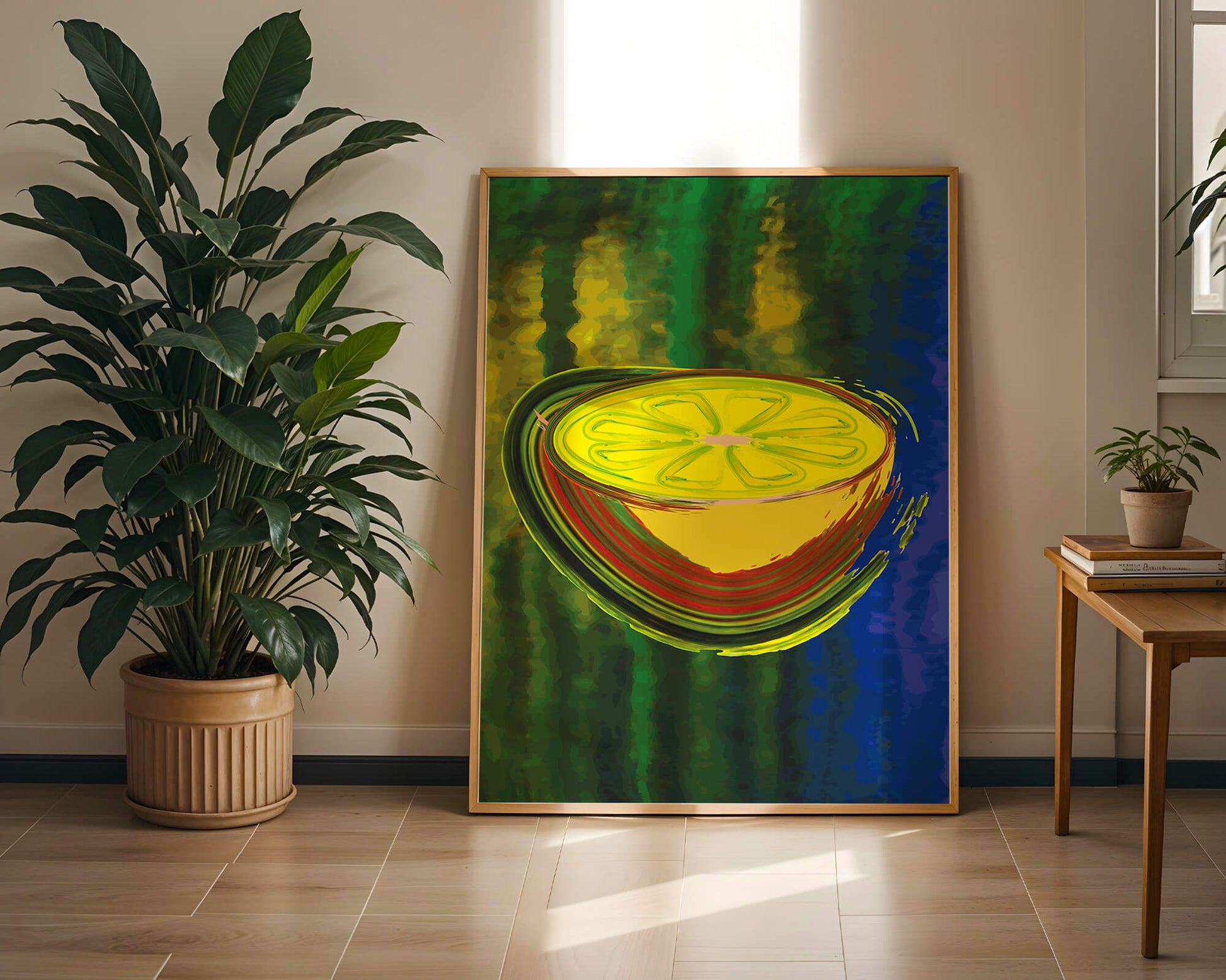 Vibrant abstract lemon slice with a colorful background