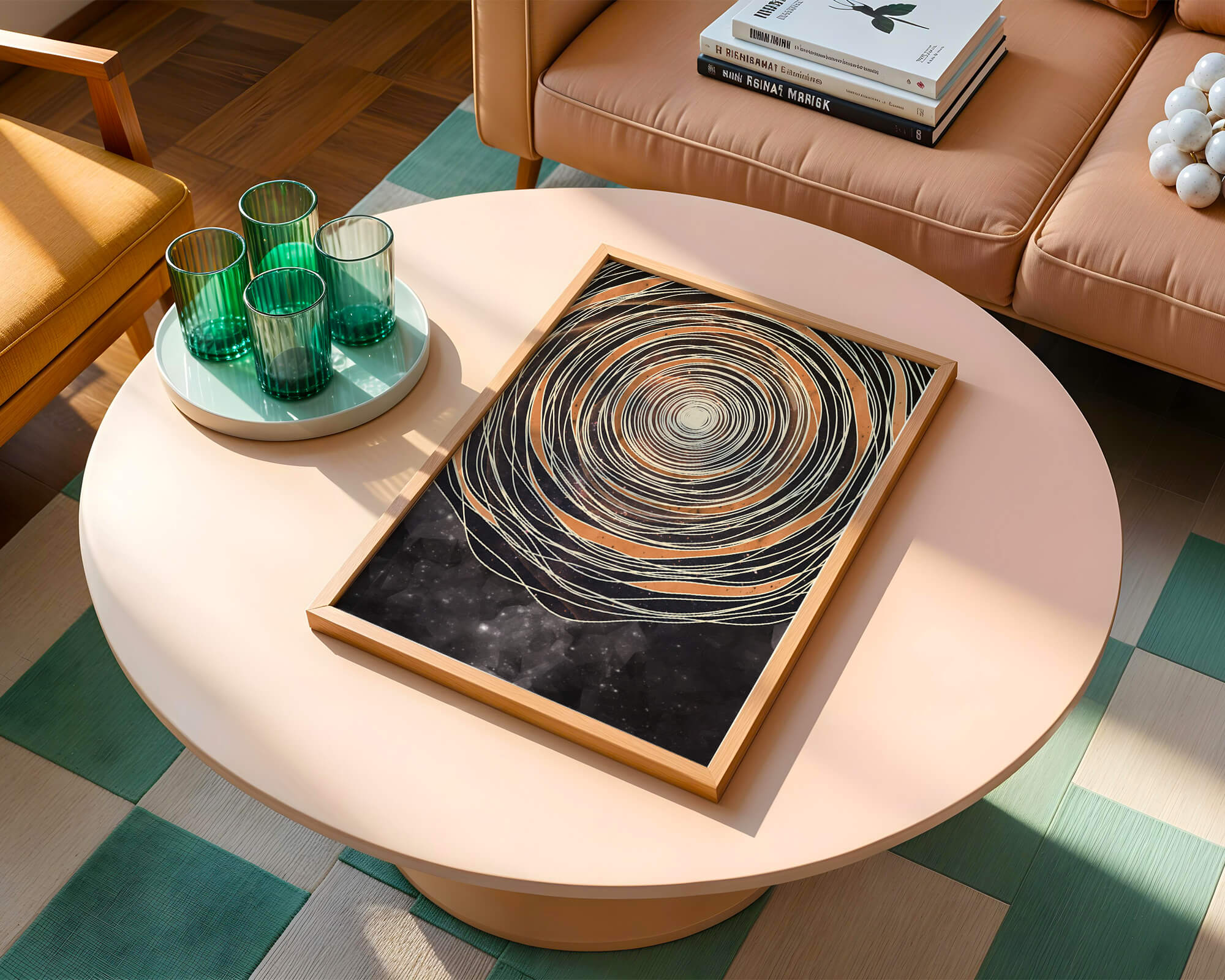 Abstract cosmic spiral with concentric oval patterns and starry background