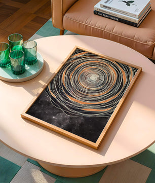 Espiral cósmica abstracta con patrones ovalados concéntricos y fondo estrellado