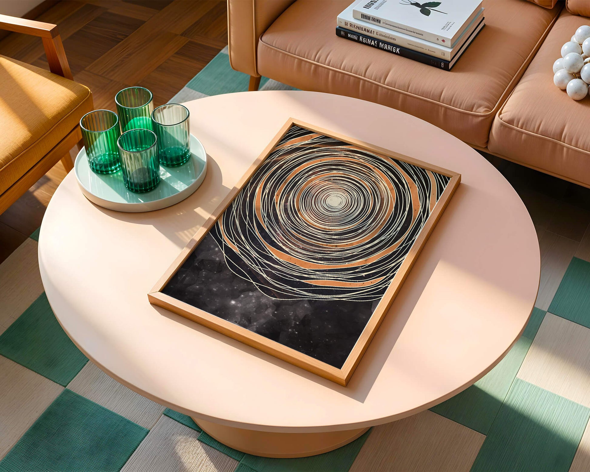 Abstract cosmic spiral with concentric oval patterns and starry background