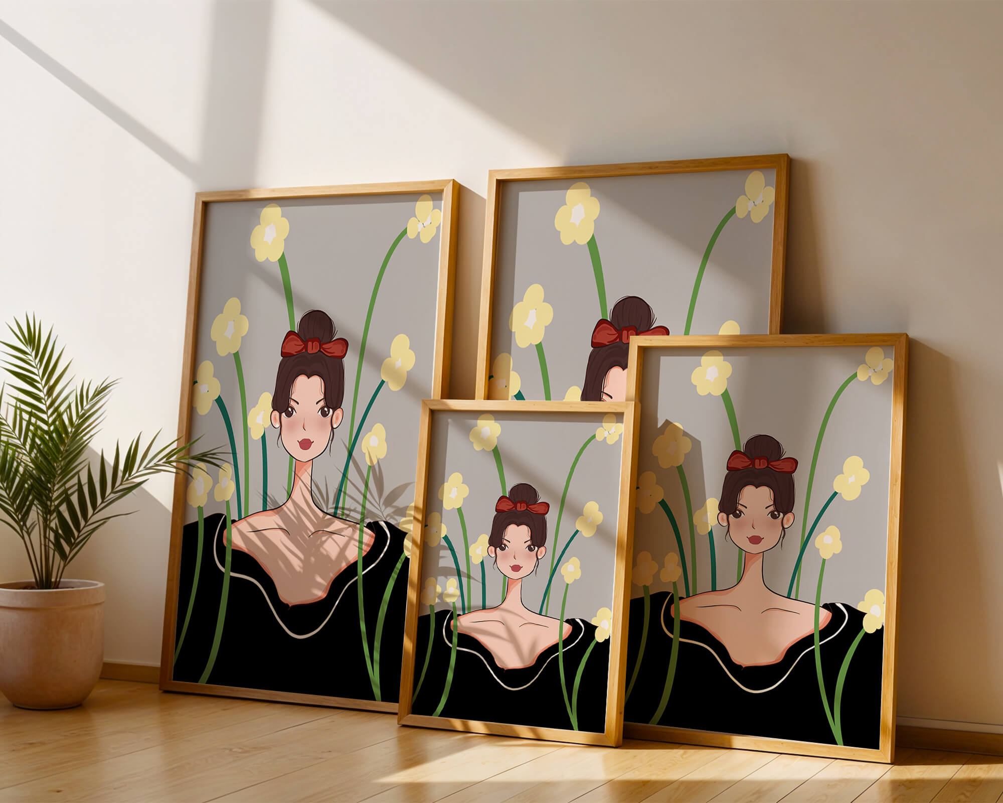 Illustration of a woman with floral background and red bow