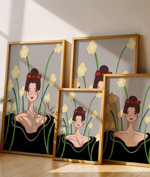 Ilustración de una mujer con fondo floral y lazo rojo