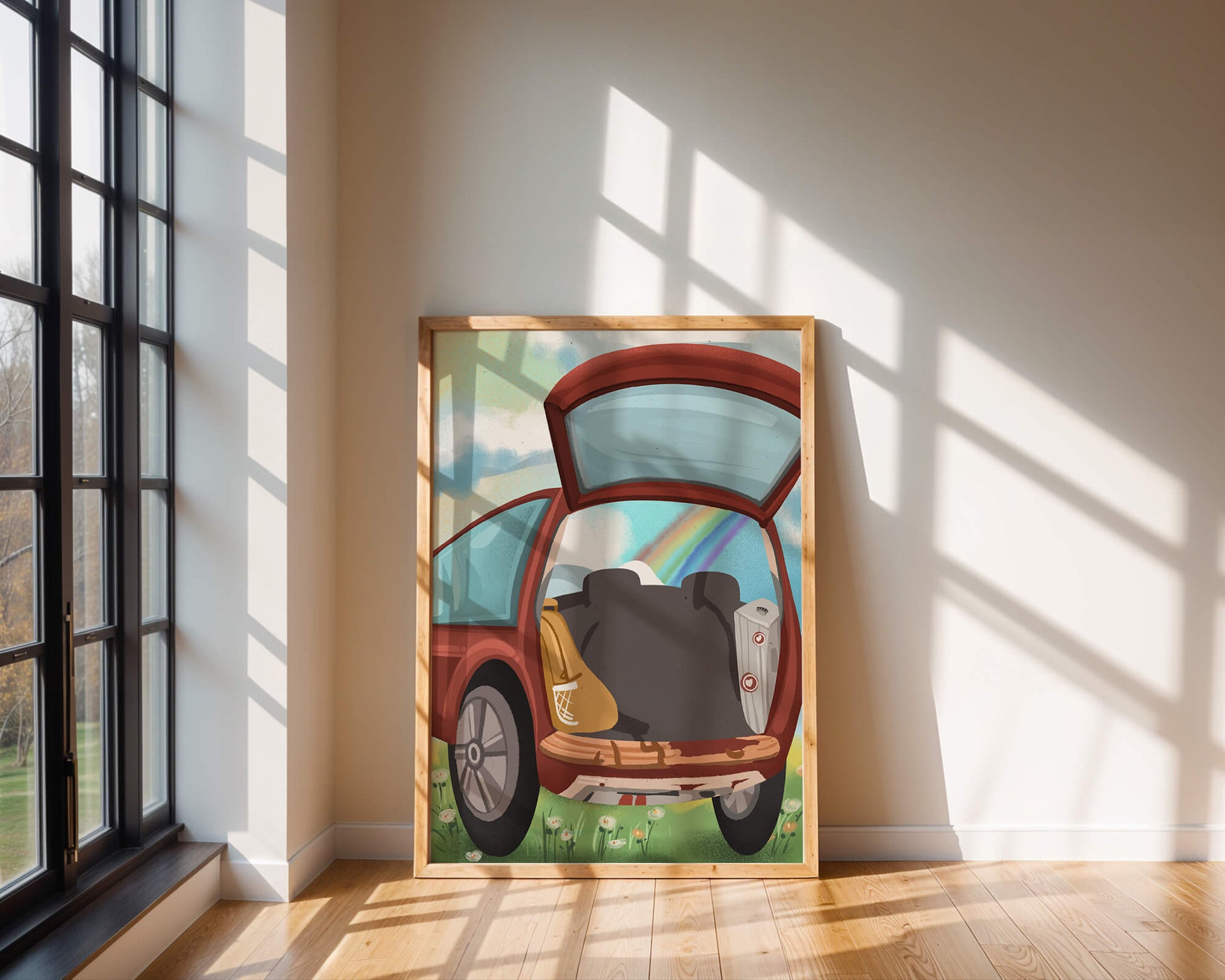 Car Trunk with Picnic Items and Rainbow in Background