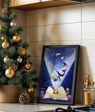 Imaginative galaxy scene with books and a child