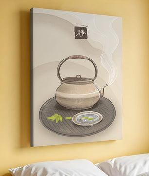 Traditional Japanese teapot with steaming tea and serene setting