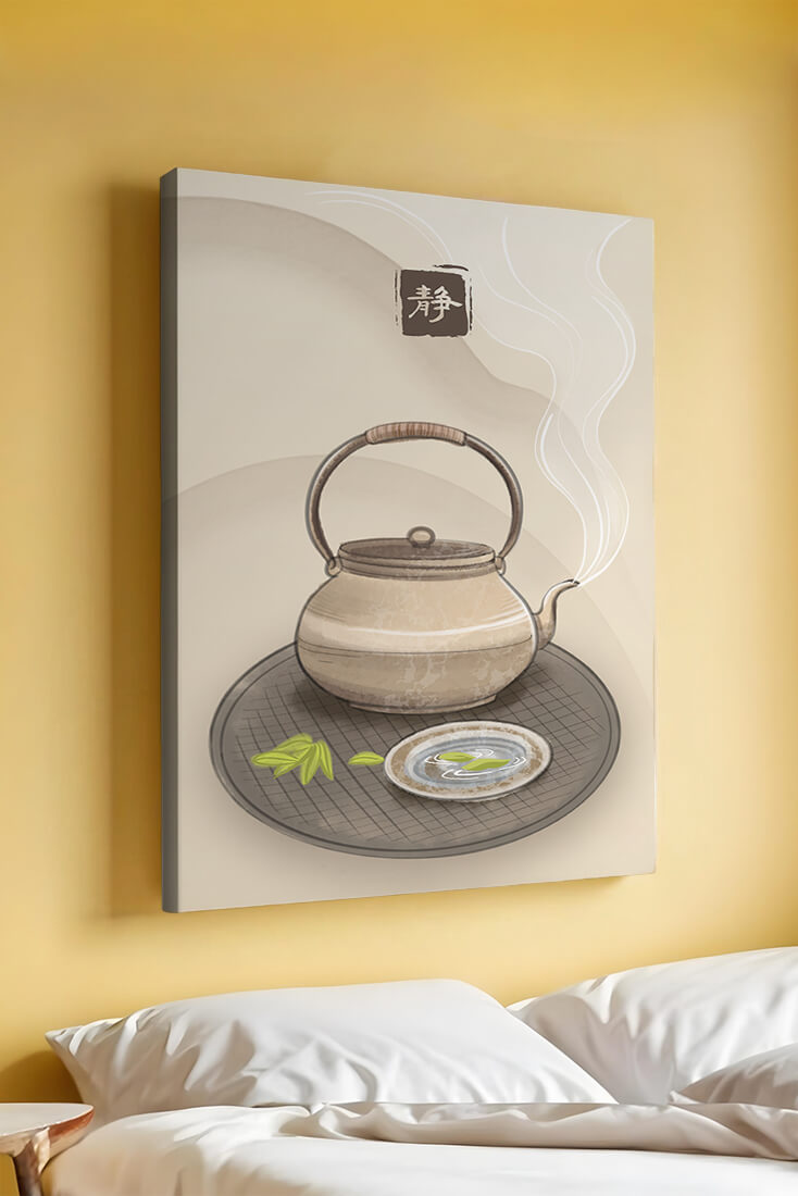 Traditional Japanese teapot with steaming tea and serene setting