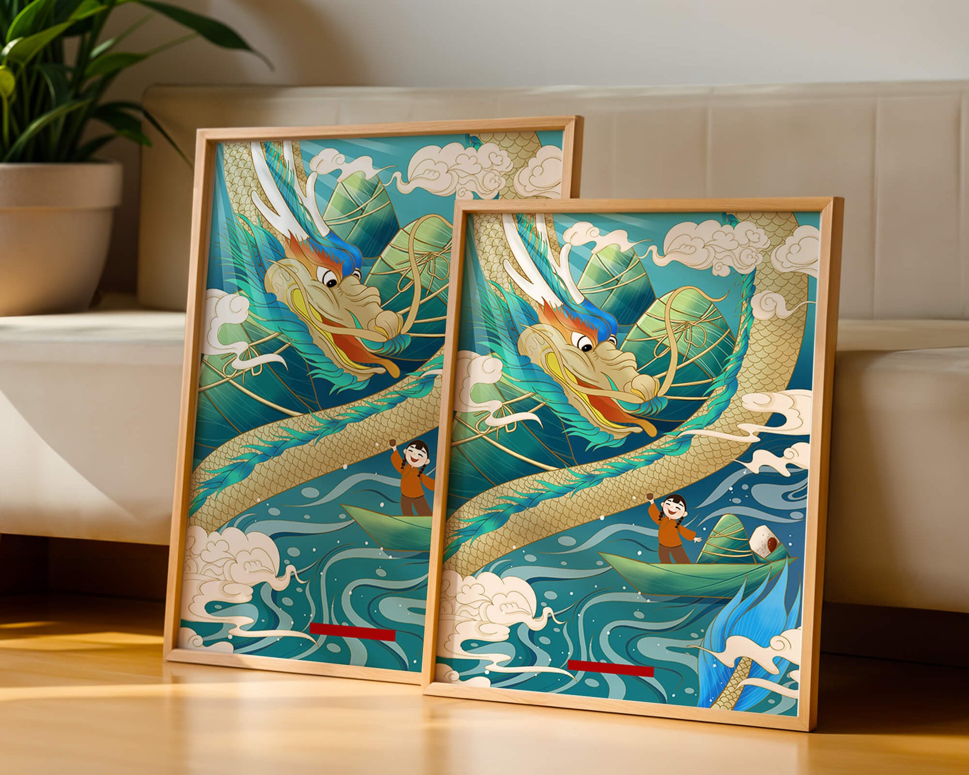 Colorful dragon and child illustration with vibrant waves and clouds
