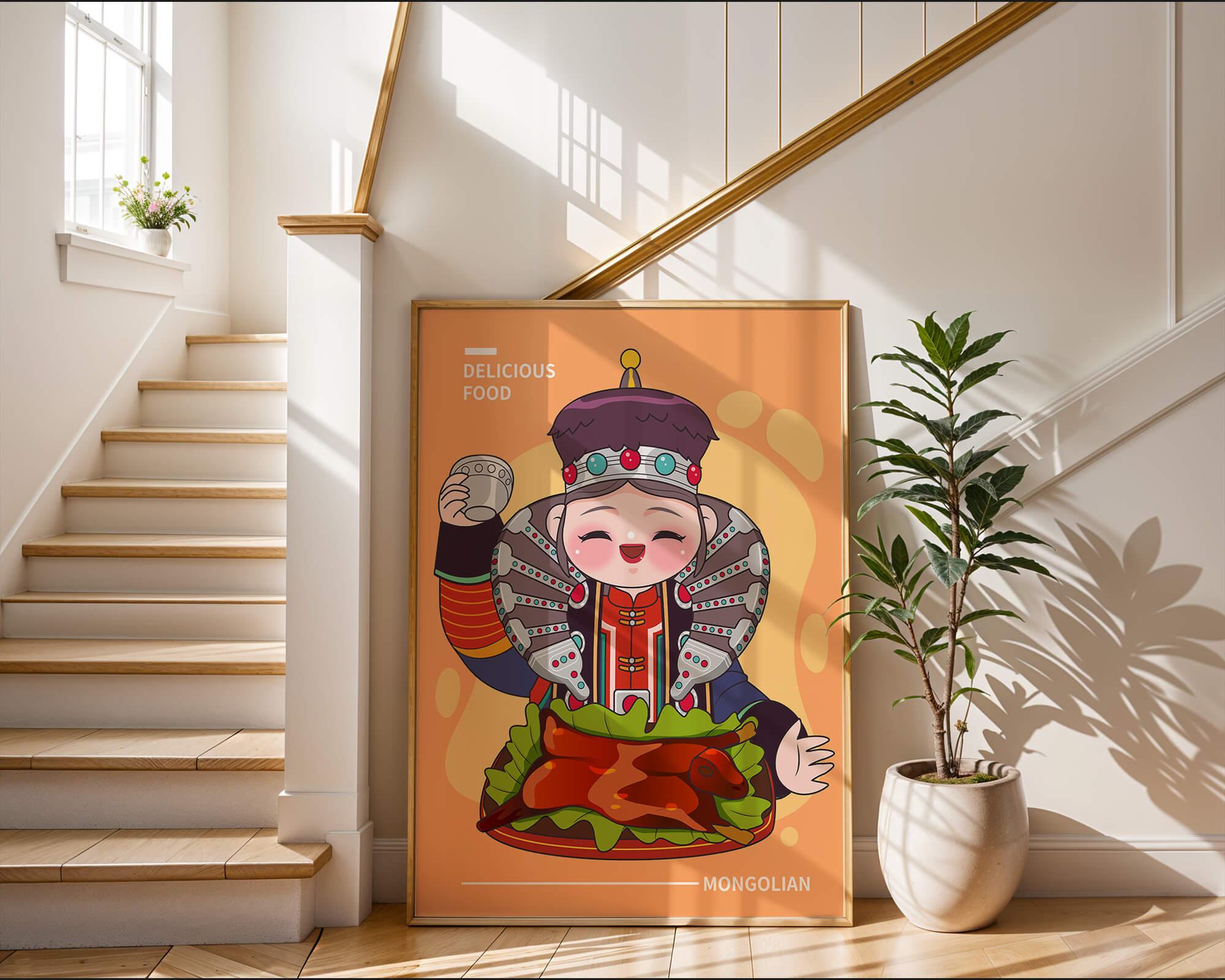 Cartoon character in traditional Mongolian attire with food