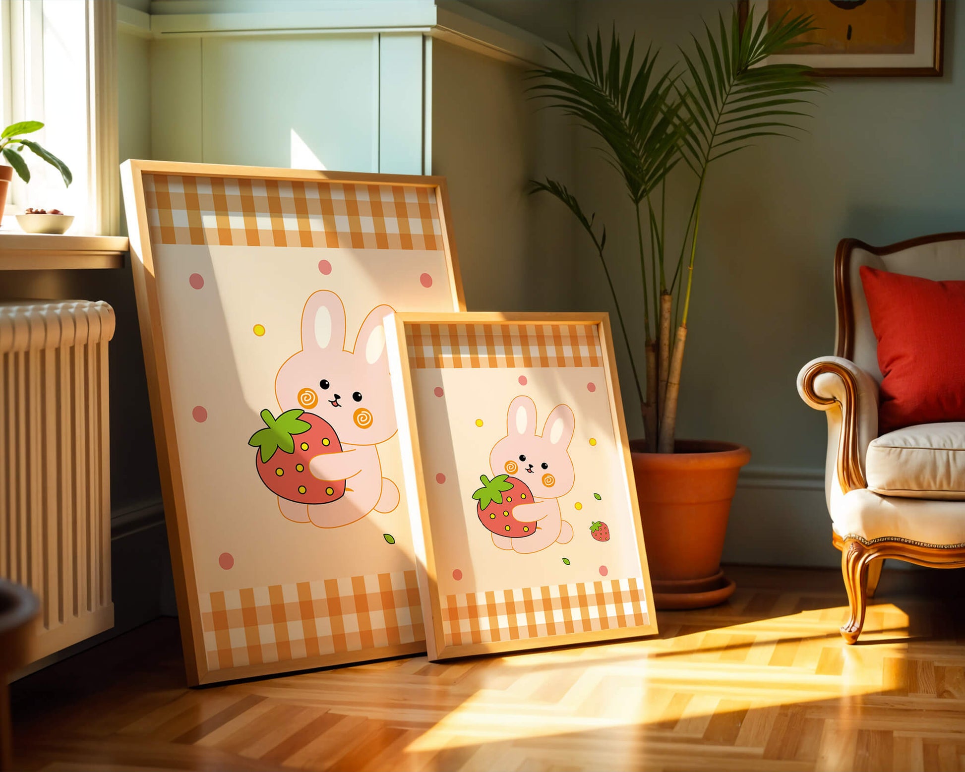 Adorable bunny holding strawberry illustration with gingham pattern