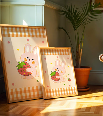 Adorable bunny holding strawberry illustration with gingham pattern