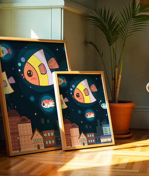 Poisson de dessin animé flottant au-dessus d'une ville nocturne avec des étoiles