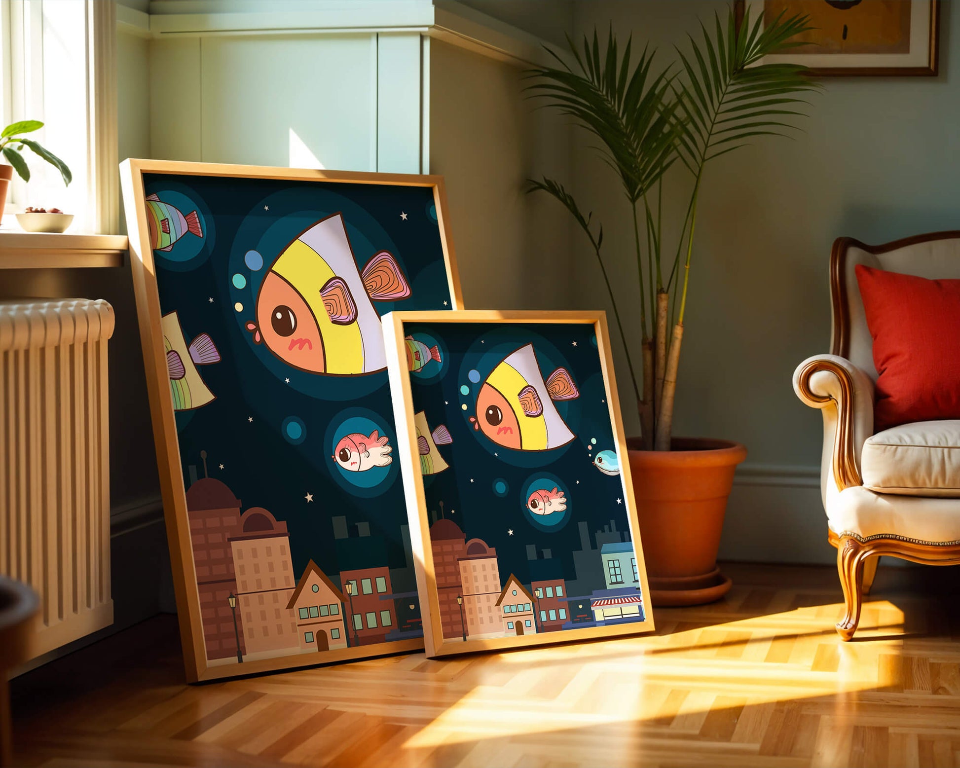 Cartoon Fish Floating Over Night City Scene with Stars