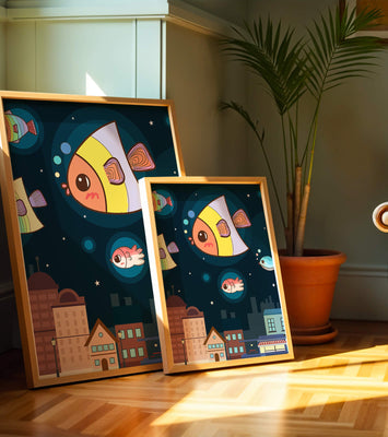 Cartoon Fish Floating Over Night City Scene with Stars