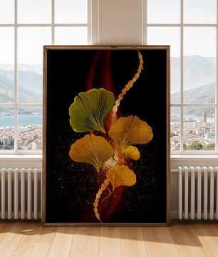 Art abstrait floral avec des feuilles de gingko dorées et un fond sombre