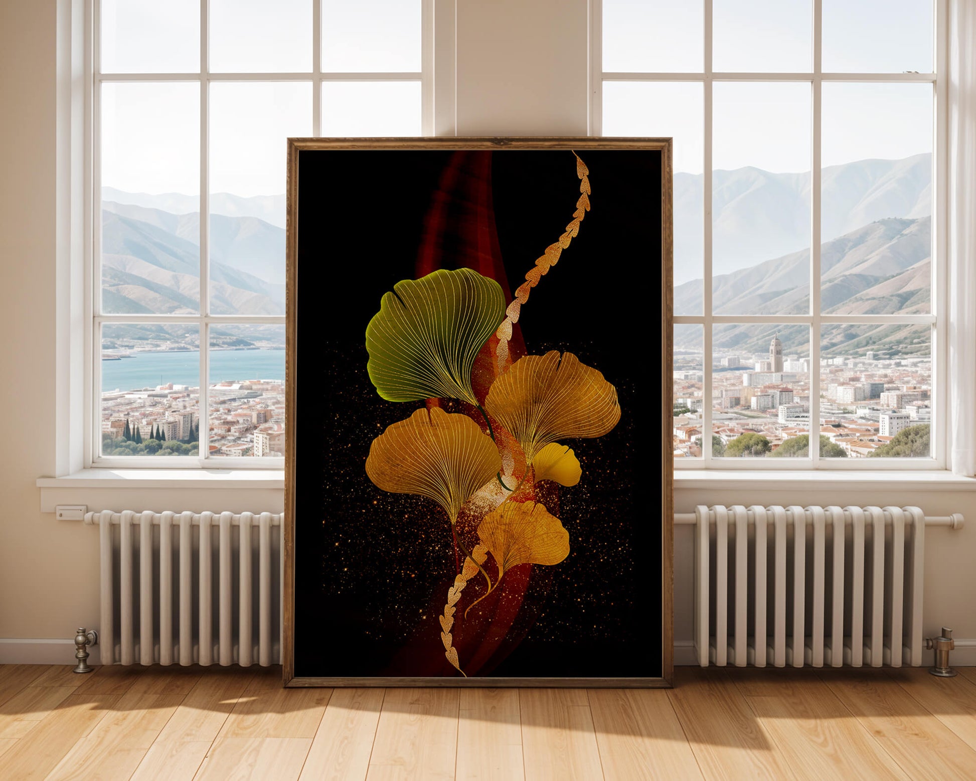 Art abstrait floral avec des feuilles de gingko dorées et un fond sombre
