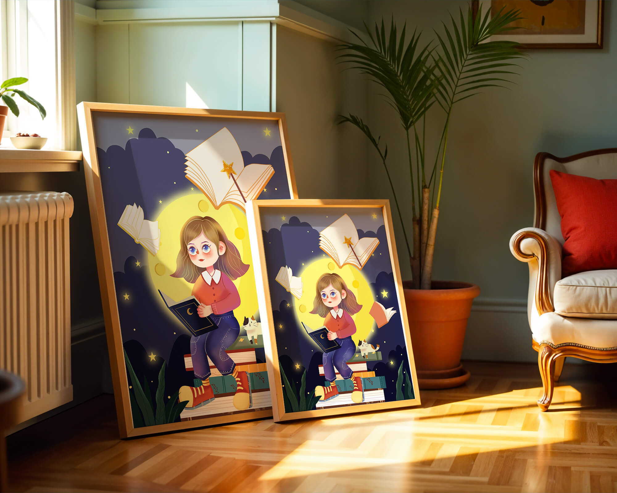 Illustration of a girl reading books under a starry night sky