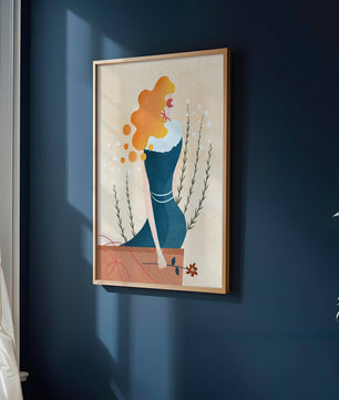 Woman with Floral Decor and Flowing Hair in Minimalist Art - Mi tienda