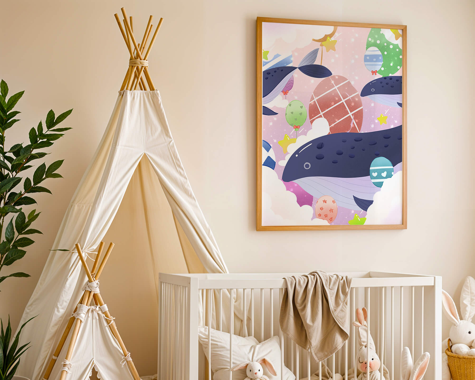 Whimsical illustration of whales and floating stars with colorful eggs