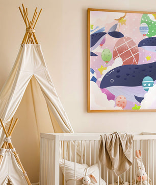 Whimsical illustration of whales and floating stars with colorful eggs